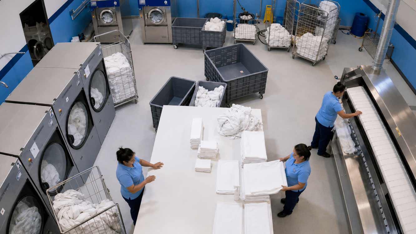 Overhead view of the floor, with washers and dryers, trolleys and the ironing line.