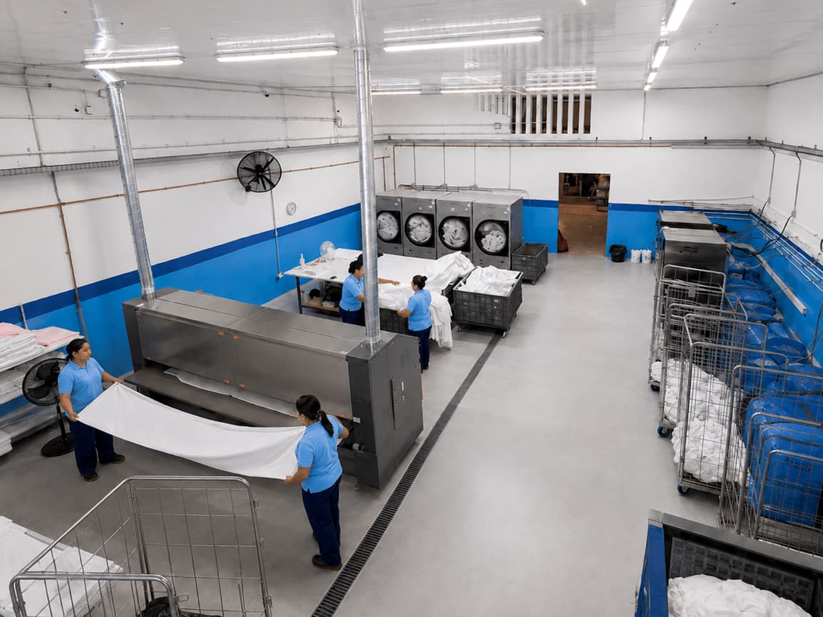 The Loulé floor seen from above, with the team pressing linen and trolleys of clean textile behind.
